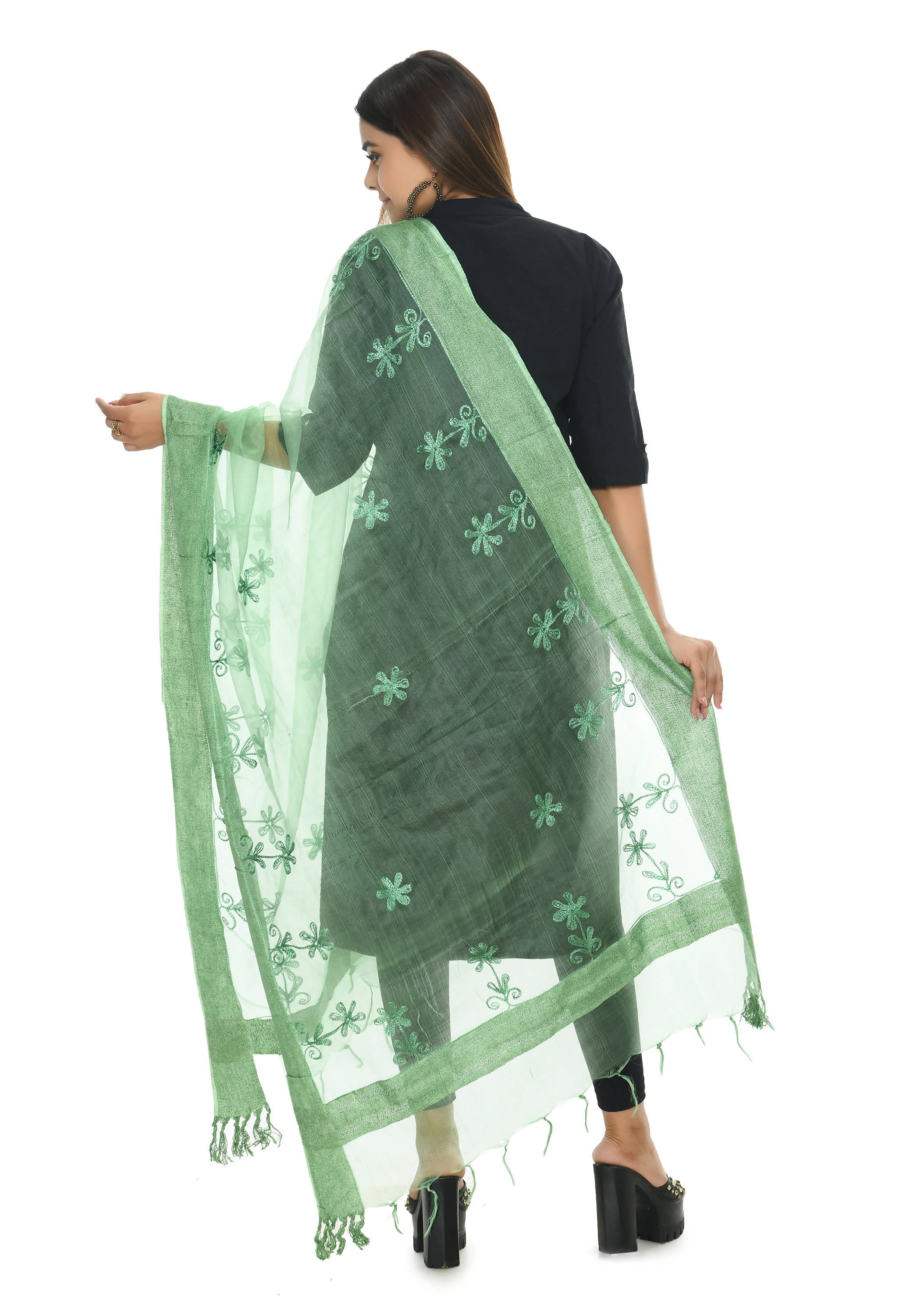 Mominos Fashion Moeza Orgenza Pista Green Chikan Work Dupatta - Distacart
