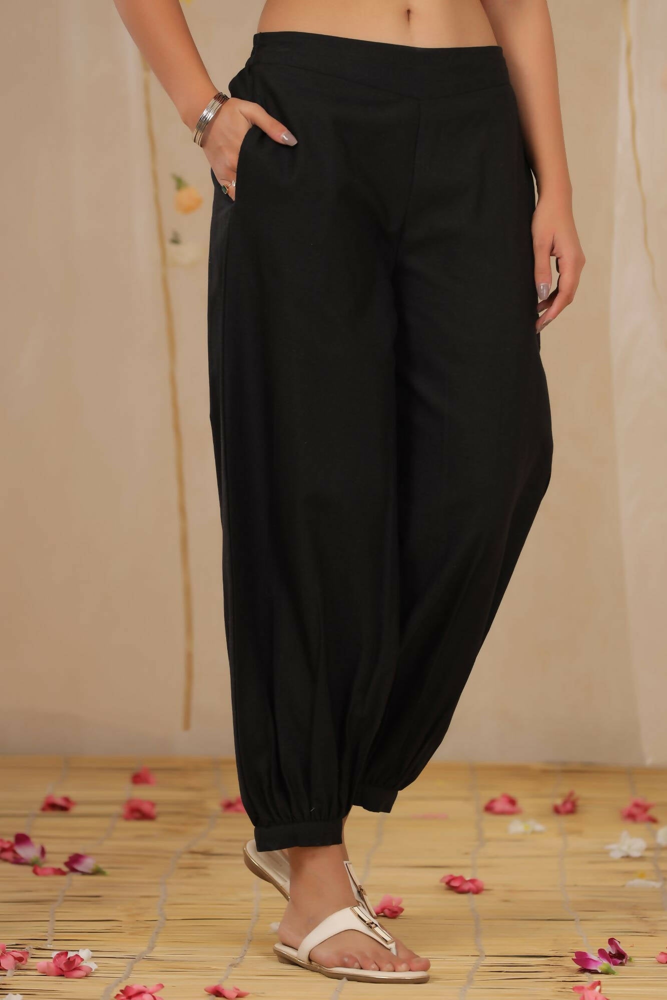 Juniper Women Black Cotton Flex Solid Stylized Dhoti Pant - Distacart