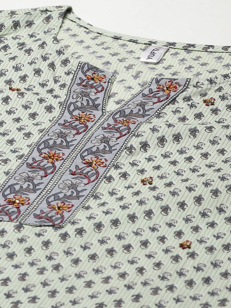 Yufta Green and off-white yoke design Kurta with Palazzo with Dupatta Set