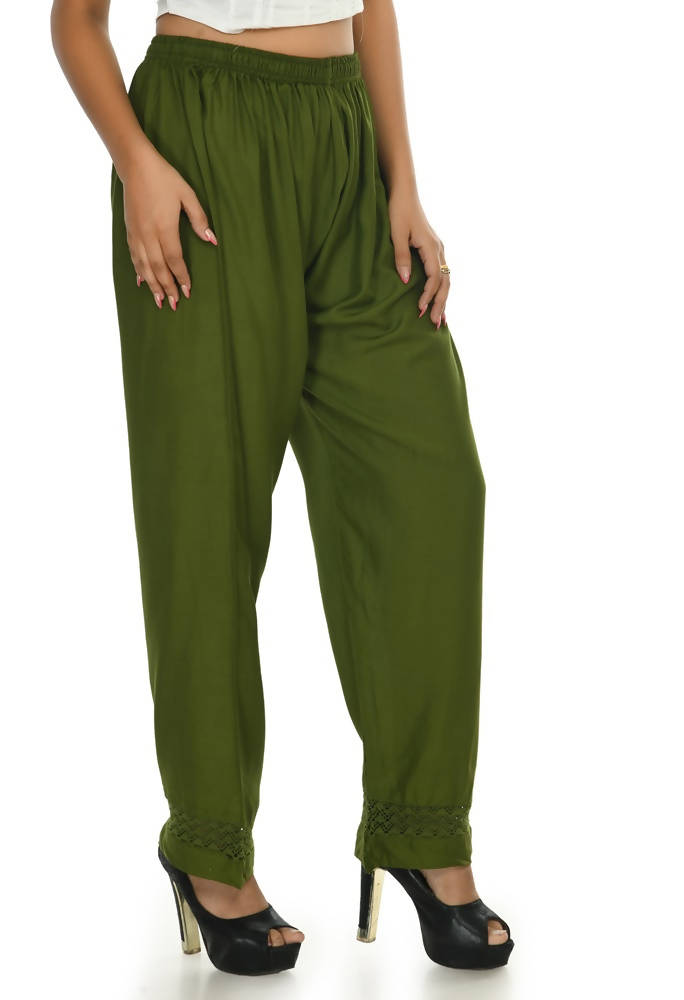 Mominos Fashion Moeza Reyon Cotton Mehndi Green Color Straight Palazzo