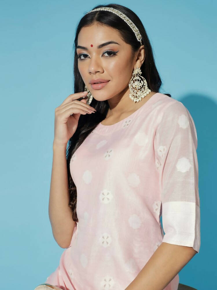 Myshka Women Pink Embroidered Kurta & Trousers With Dupatta - Distacart