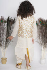 Thumbnail for Little Bansi Banarsi Silk Floral Embroidery Jacket With Cotton Kantha kurta And Kantha Dhoti - Cream - Distacart