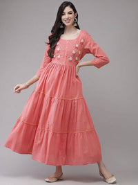 Thumbnail for Yufta Coral Pink Embellished Embroidered Ethnic Dress