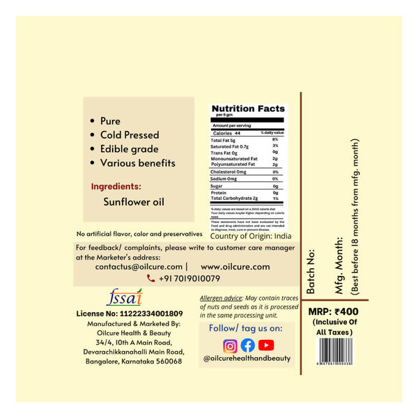 Oilcure Virgin Sunflower Oil - Distacart