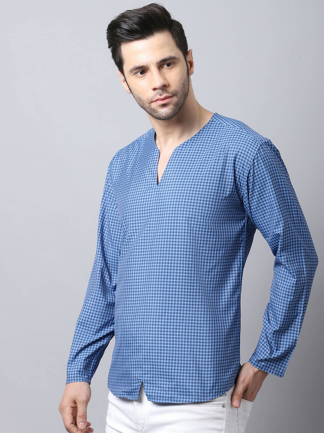 Even Apparels Blue Checked Men's Kurta With Band Collar - Distacart