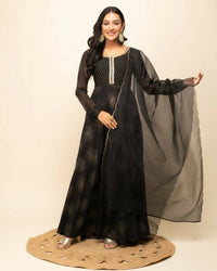 Thumbnail for FIORRA Women's Black Georgette Flared Kurta With Dupatta - Distacart