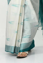 Thumbnail for Mominos Fashion Moeza White & Sea Green Bhagalpuri Handloom Ikat Pure Cotton Saree with unstitched Blouse piece - Distacart
