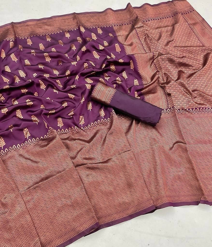 DEIANA'S Beautiful Golden Jari with New Design Soft Lichi Silk Saree - Wine - Distacart