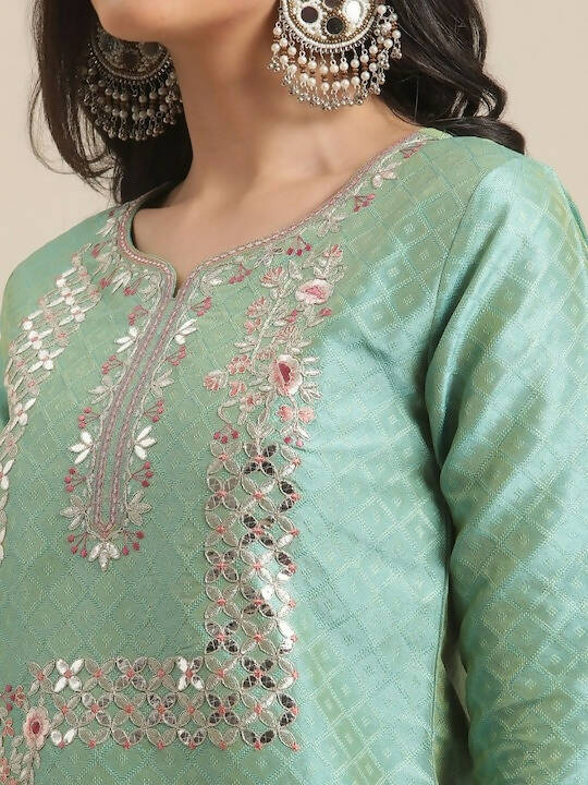Varanga Women Sea Green Woven Design Kurta with Trousers & With Dupatta - Distacart