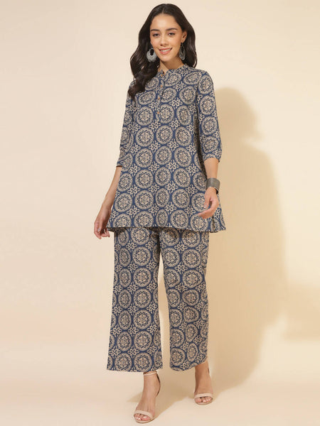 Janasya Women's Blue Cotton Ethnic Motifs Casual Regular Co-ords - Distacart