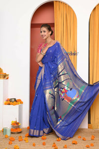Thumbnail for Very Much Indian Handloom Pure Cotton Paithani -Ink Blue - Distacart