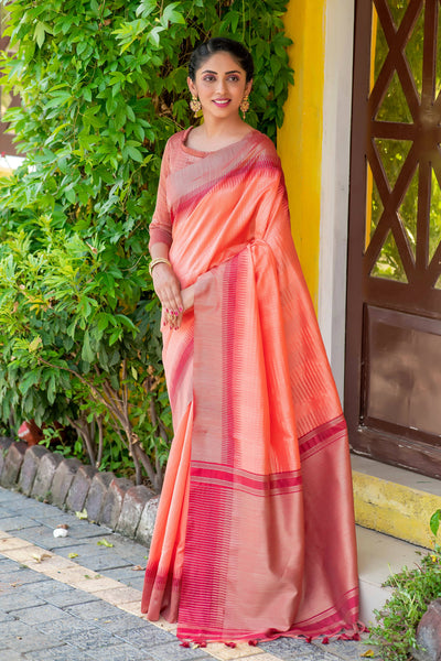 Vishnu Weaves Women's Orange South Silk Zari Woven Saree with Unstitched Blouse - Distacart
