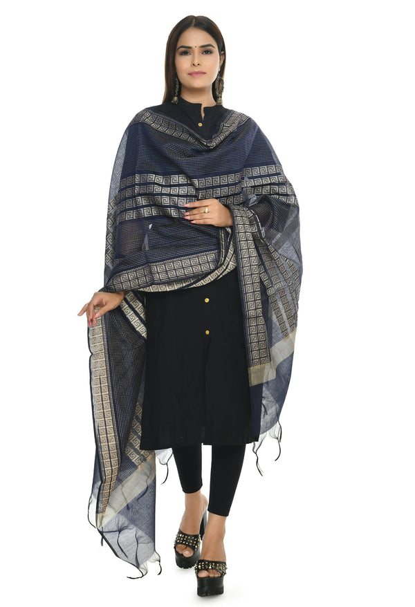 Mominos Fashion Moeza Handloom Cotton Navy Blue Dupatta - Distacart