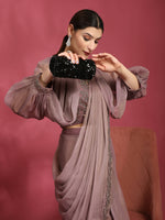 Thumbnail for Purple Fancy Pure Fabric Plain Ready to wear Saree with stitched Blouse - Vrinda - Distacart