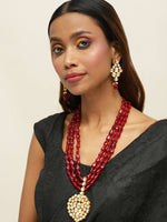 Thumbnail for Gold-Plated White Maroon Kundan Studded Beaded Handcrafted Jewellery Set - Ruby Raang - Distacart