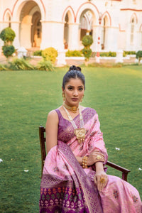 Thumbnail for Vishnu Weaves Women's Baby Pink Patola Banarasi Silk Meenakari Zari Woven Saree with Blouse - Distacart