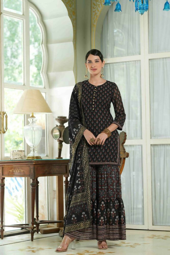 Juniper Black Georgette Festive Floral Print Straight Tunic-Sharara For Women - Distacart