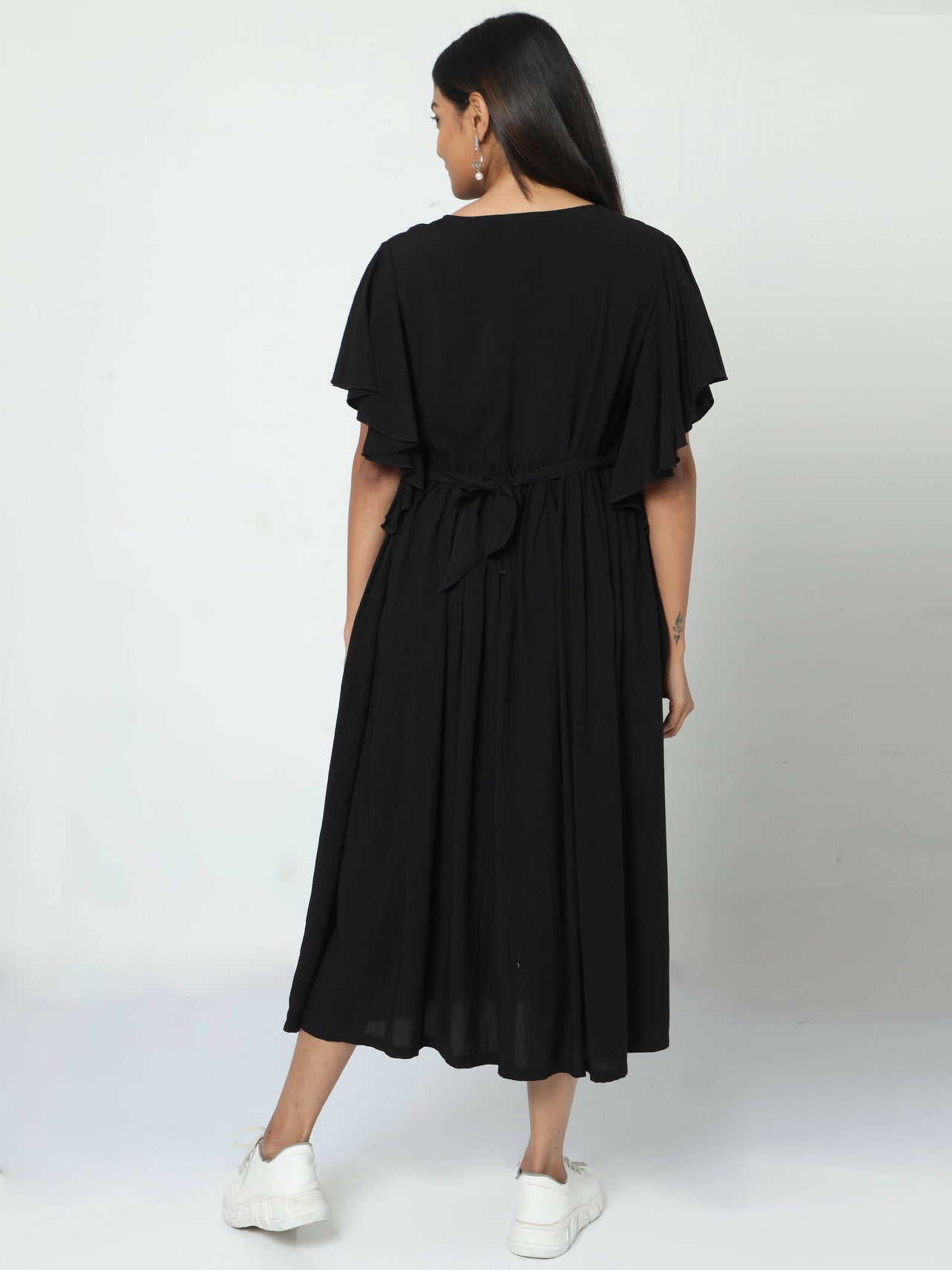 Manet Maternity Frill Slevee Solid Dress With Concealed Zipper Nursing Access - Black - Distacart