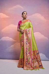 Thumbnail for Vishnu Weaves Women's Mahendi Paithani Silk Zari Woven Saree with Blouse - Distacart