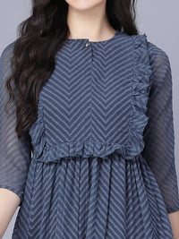 Thumbnail for Myshka Georgette Solid 3/4 Sleeve Round Dark Grey Women Dress - Distacart