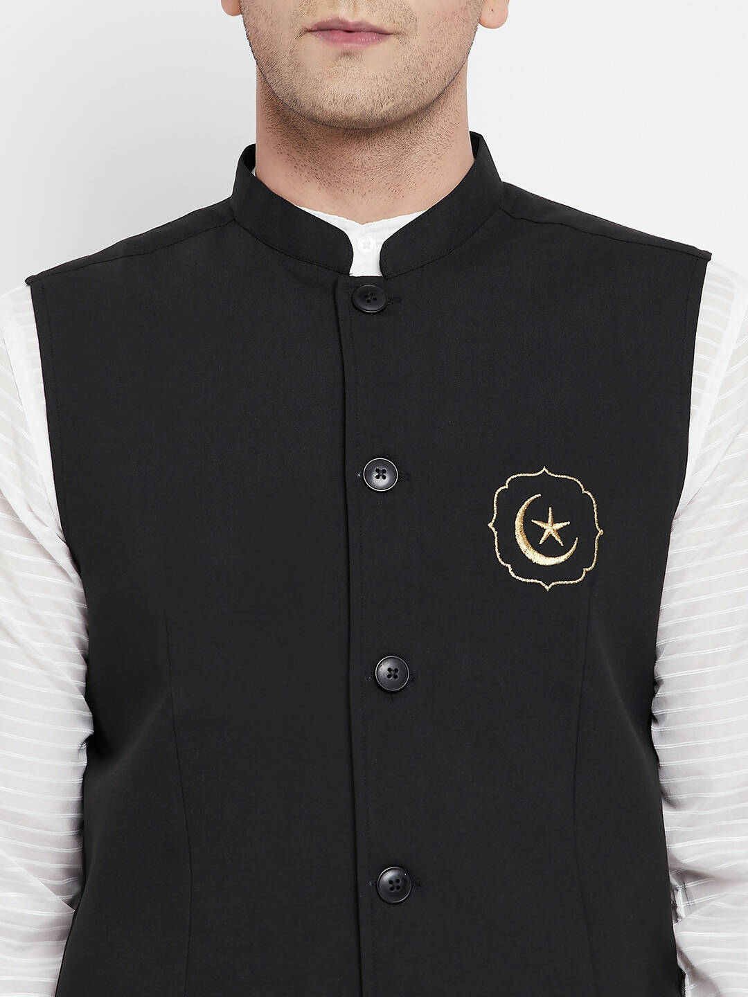 Even Apparels Black Pure Cotton Nehru Jacket With Eid Insignia PW668 - Distacart