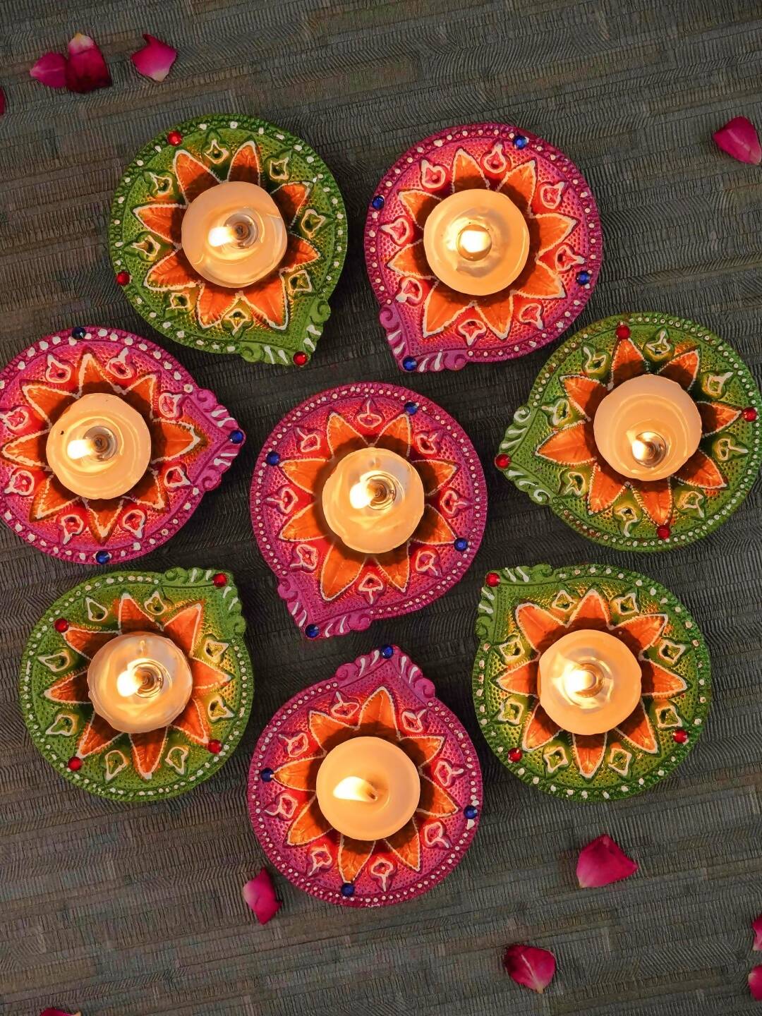 Tied Ribbons Green & Pink Set of 8 Terracotta Clay Diwali Diyas - Distacart
