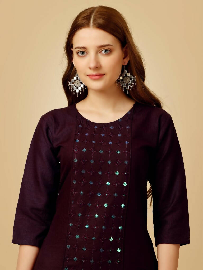 Aastha Fashion Women's Wine Cotton Blend Embroidered Kurta Pant Set - Distacart