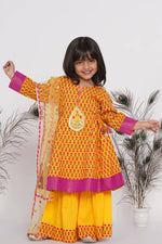 Thumbnail for Little Bansi Cotton Kurta frock with booti work, Sharara & Dupatta - Yellow - Distacart
