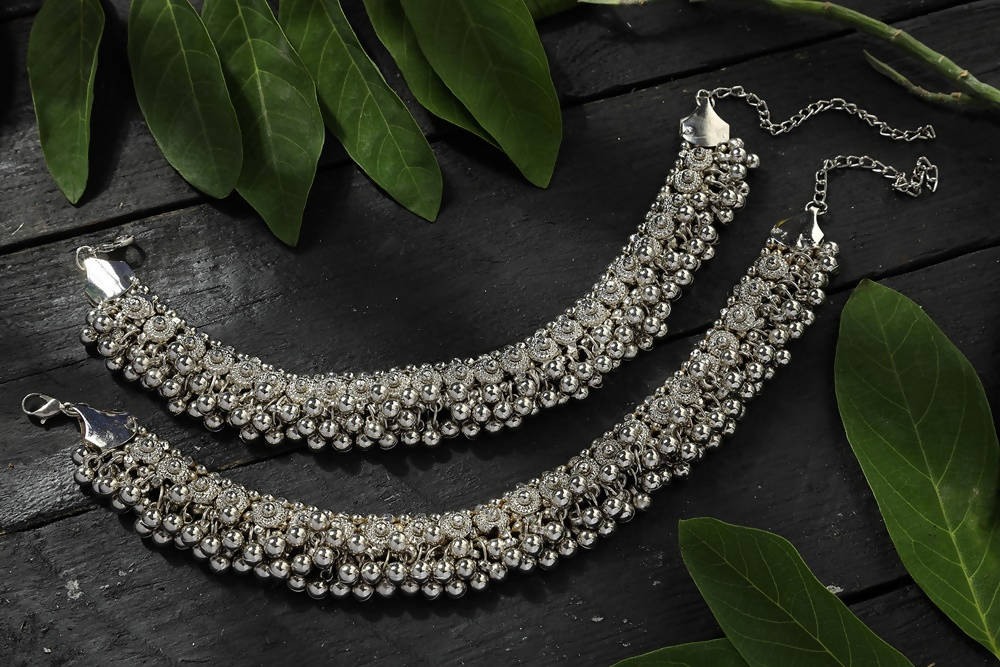 Mominos Fashion Kamal Johar Oxidised Heavy Silver Anklets