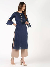 Thumbnail for Aniyah Cotton Criss Cross Bell Sleeves Navy Blue Straight Kurta (AN-145K)
