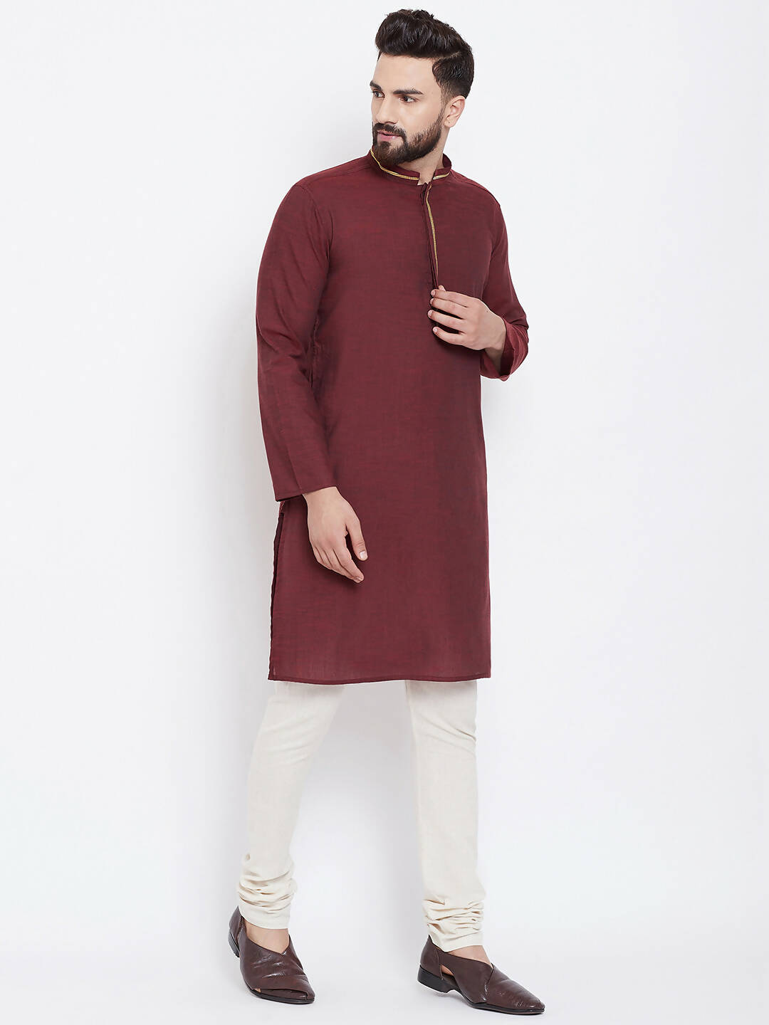 Even Apparels Maroon Pure Cotton Men's Kurta With Band Collar - Distacart
