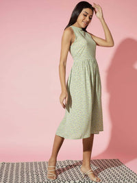 Thumbnail for Myshka Women Green Ethnic Motifs Rayon A-Line Round Neck Dress - Distacart
