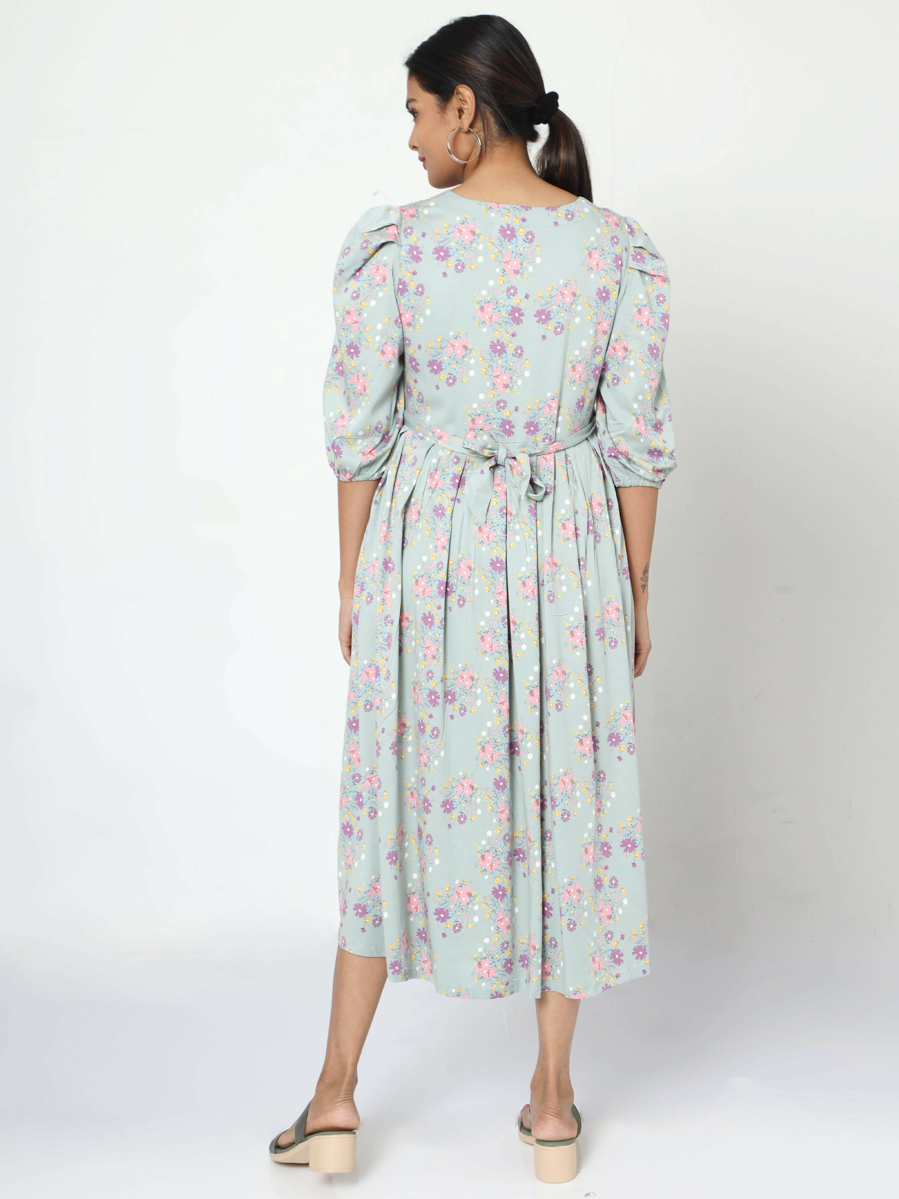 Manet Three Fourth Maternity Dress Pink Floral Print With Concealed Zipper Nursing Access - Green - Distacart