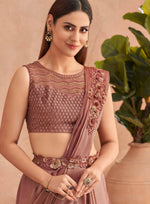 Thumbnail for Pink Satin Embroidered Ready To Wear Saree With Unstitched Blouse Piece - Nandika - Distacart