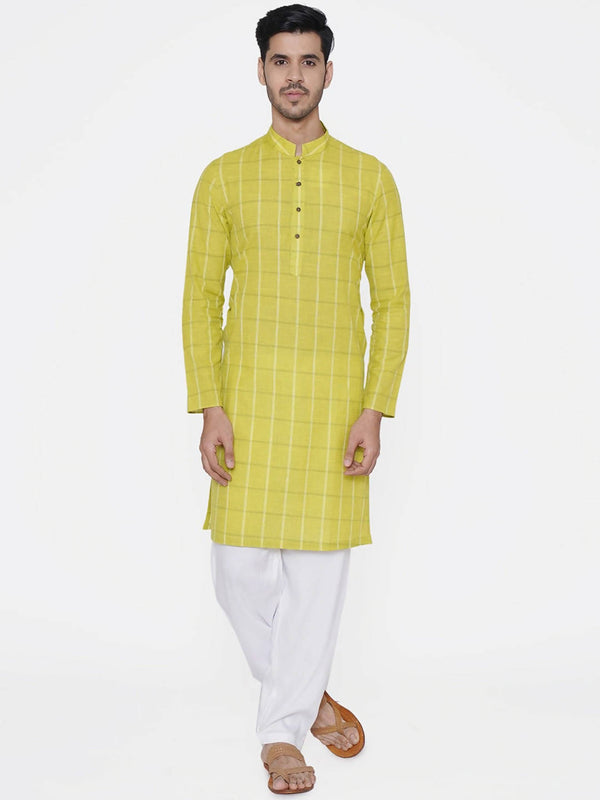 Manyavar Men Lime Green & White Checked Straight Kurta - Distacart
