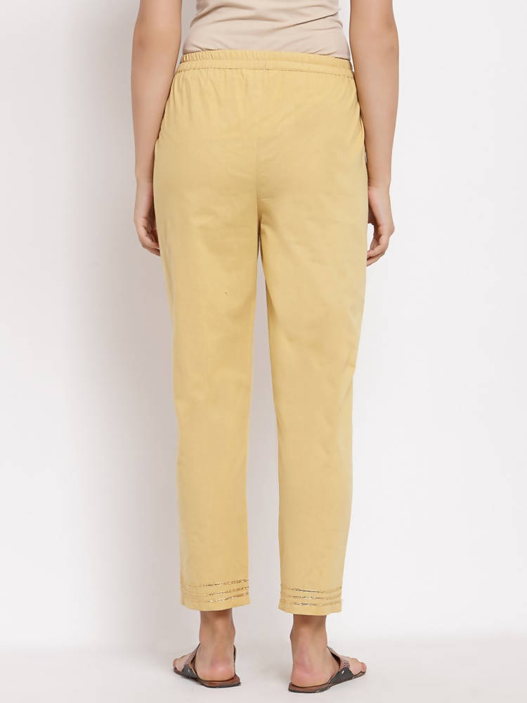 Myshka Women's Cream Cotton Solid Casual Trouser