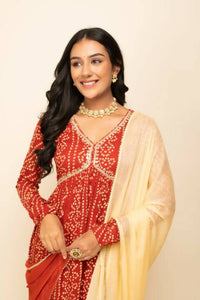 Thumbnail for FIORRA Women's Red Cotton A-Line Kurta Pant With Dupatta - Distacart
