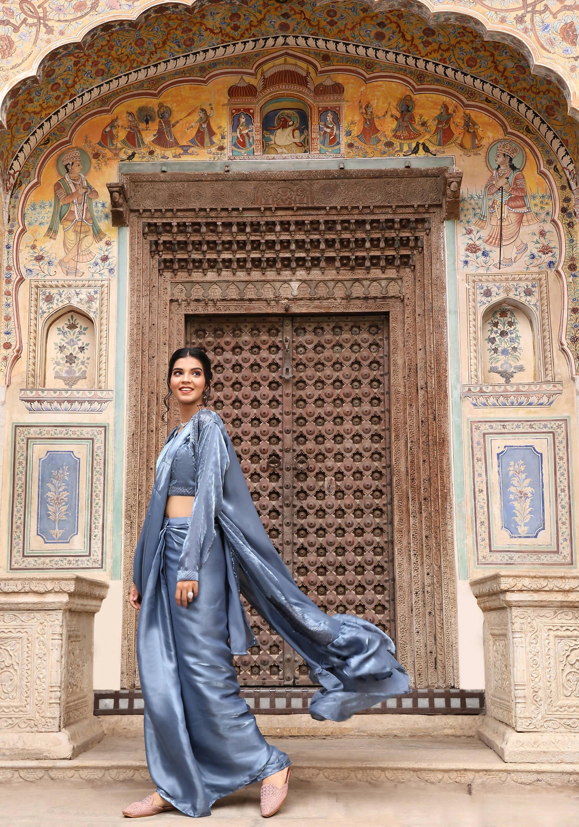 Sky Blue Tom Silk Plain Ready To Wear Saree With Stitched Blouse - Satiksha - Distacart
