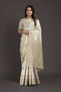 Thumbnail for Off White Pure Raw Silk Zari Woven Saree with Unstitched Blouse Piece - Alisha - Distacart