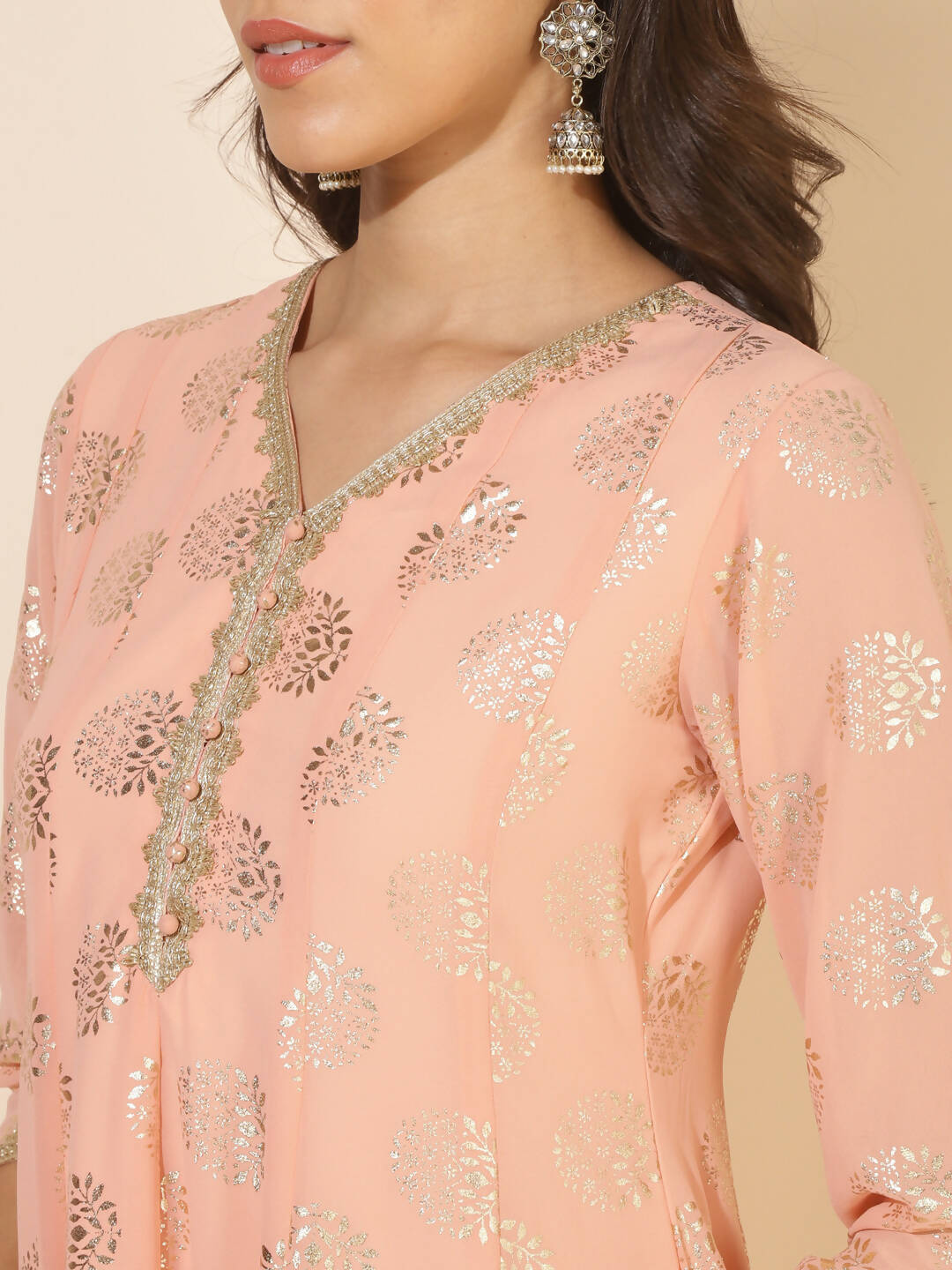 Janasya Women's Peach Georgette Foil Printed Festive Anarkali Kurta Set - Distacart
