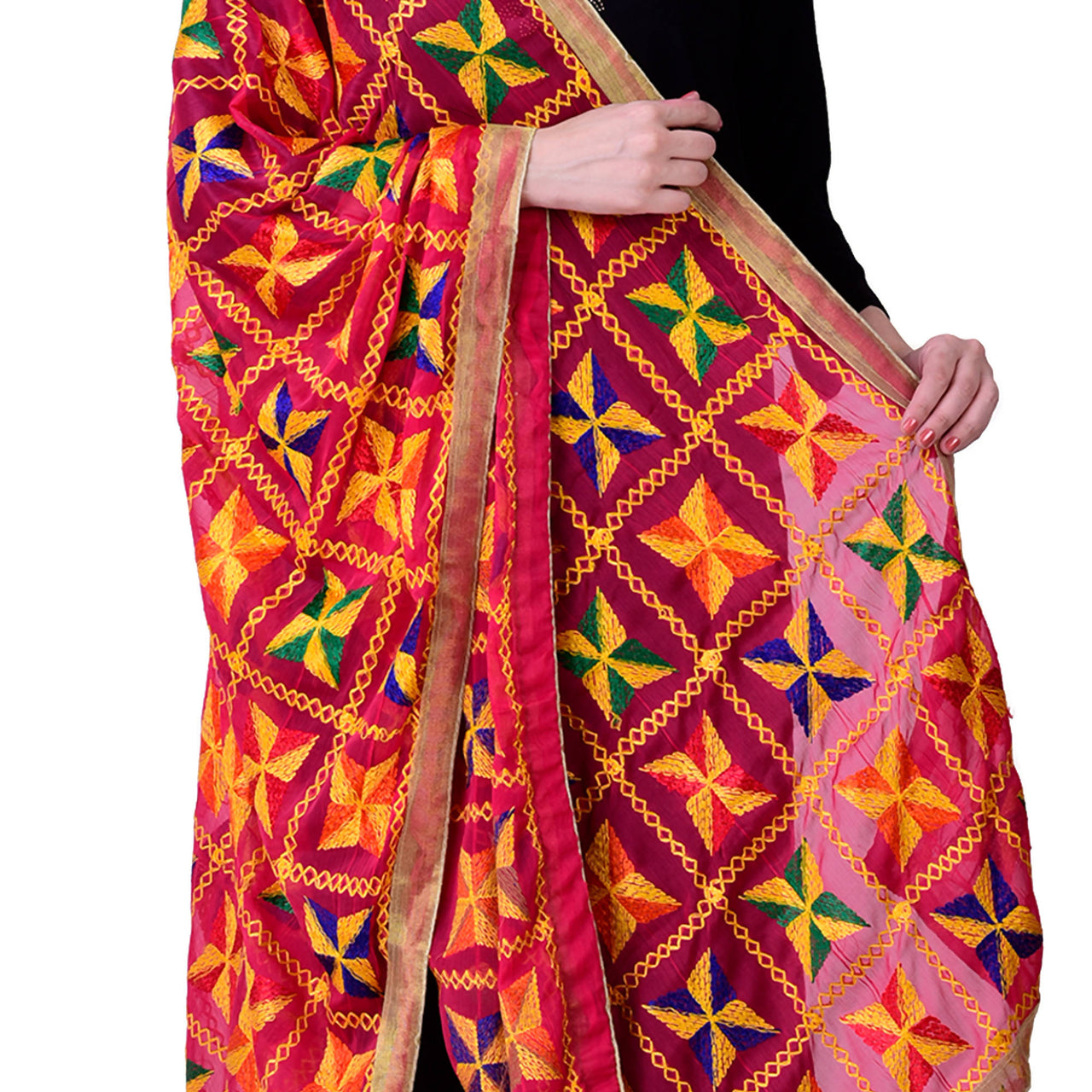 SWI Stylish Women's Embroidered Phulkari Chiffon Magenta Dupatta