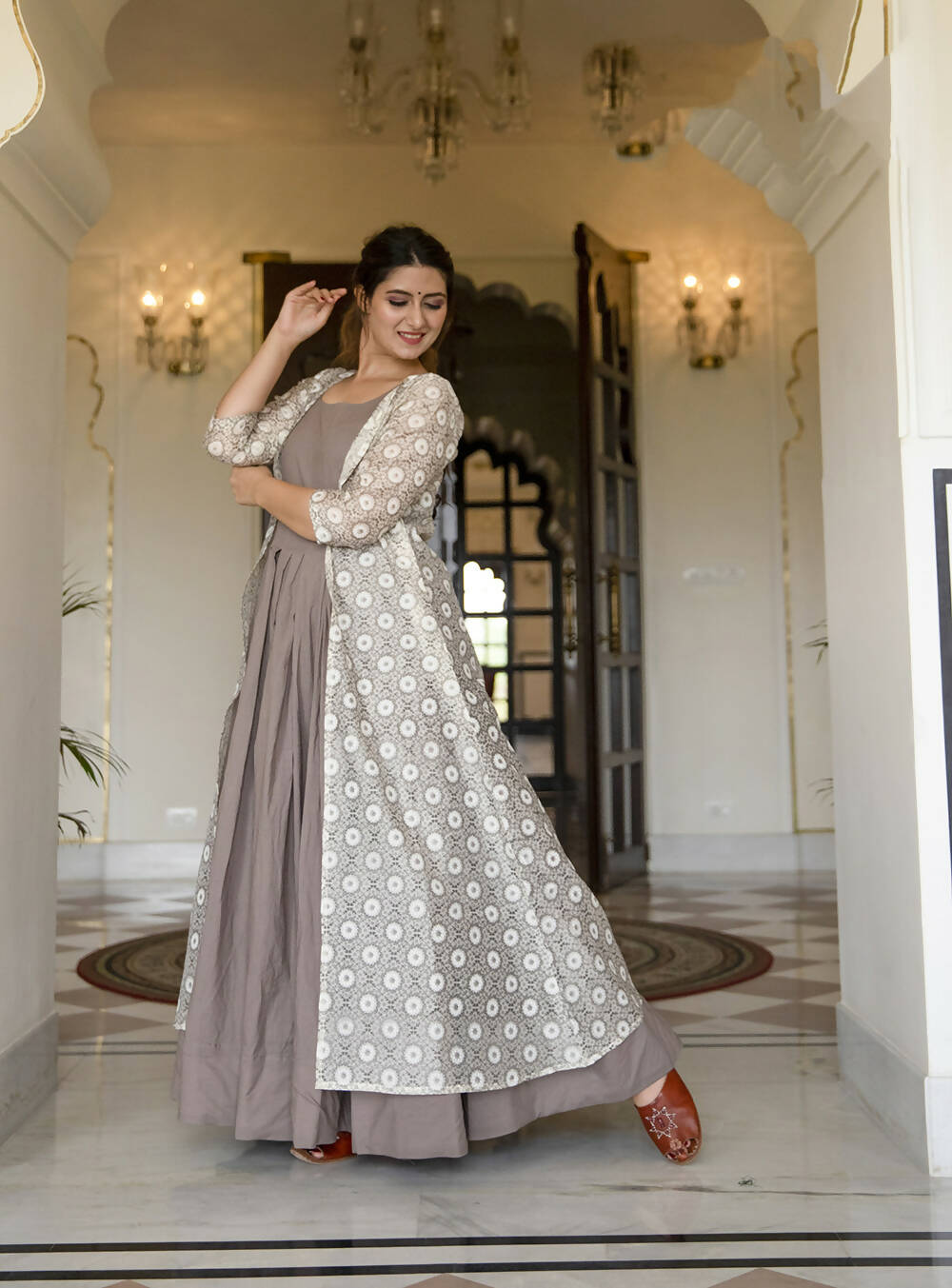 Partywear Designer Digital print Grey Maslin Gown - Anbazaar - Distacart