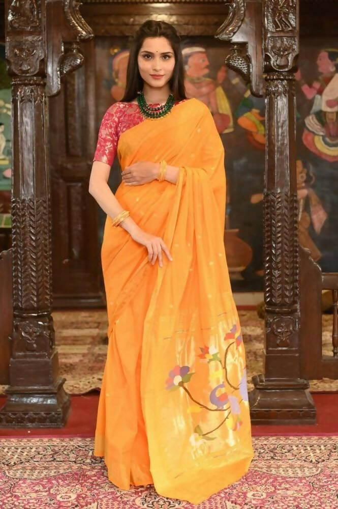 Very Much Indian Handloom Pure Cotton Paithani-Turmeric Yellow - Distacart