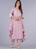 Thumbnail for Kalini Geometric Printed Pure Cotton Kurta with Salwar & Dupatta - Distacart