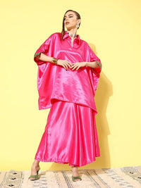 Thumbnail for InWeave Women's Pink Green Brocade Satin Boho Kurta Palazzo Set - Distacart