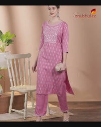 Anubhutee Mauve Ethnic Motifs Yoke Design Regular Mirror Work Kurta with Trousers