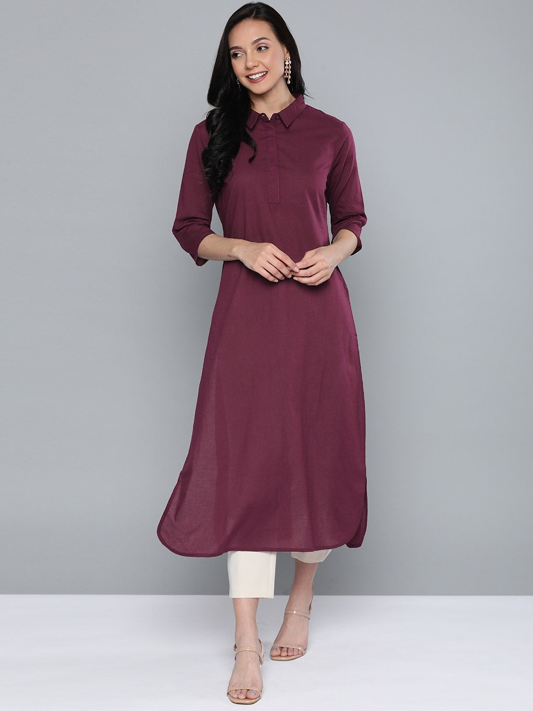 HERE&NOW Women Burgundy Cotton Solid Pathani Kurta - Distacart