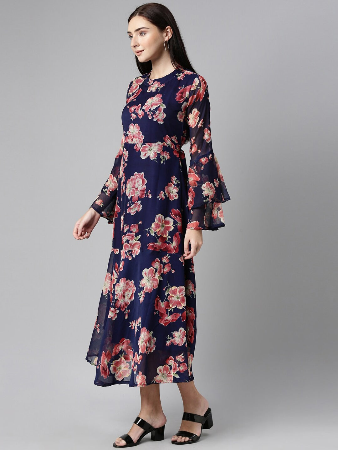 Souchii Navy Blue Floral Chiffon Midi Dress - Distacart