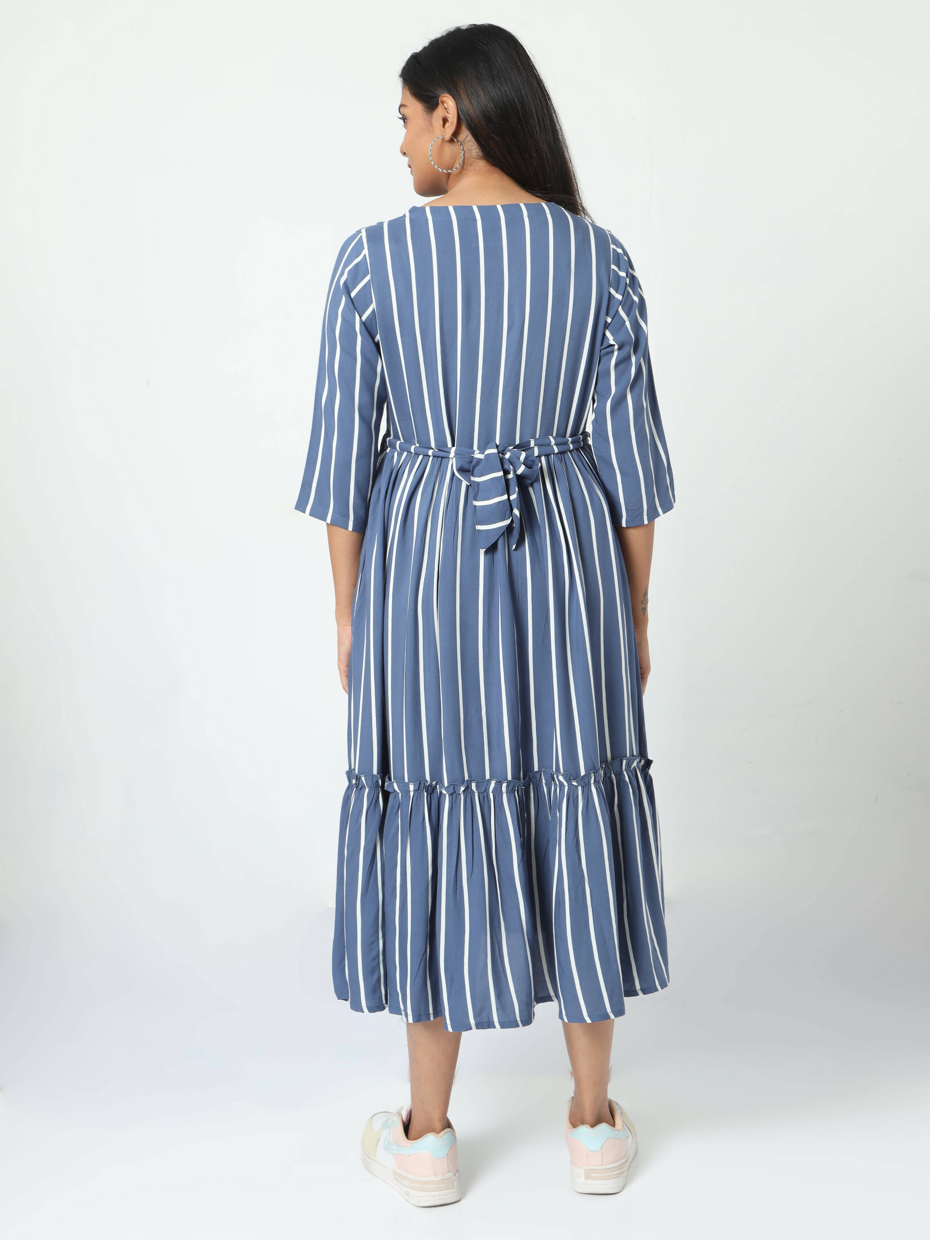 Manet Three Fourth Maternity Dress Striped With Concealed Zipper Nursing Access - Blue - Distacart