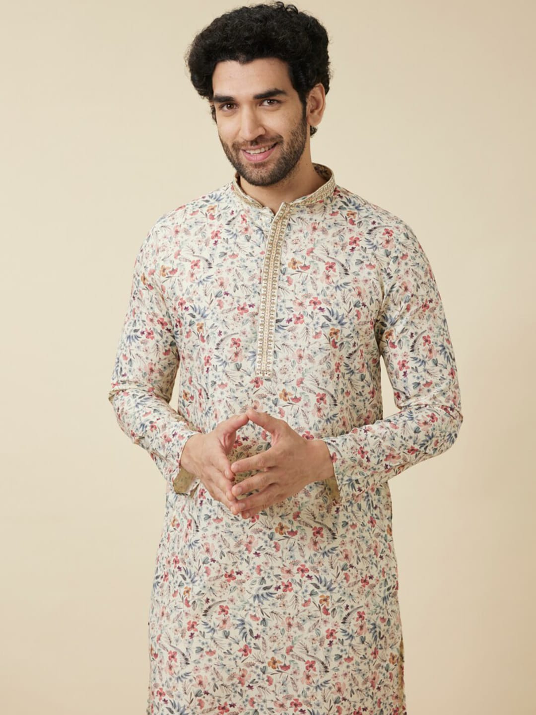 Manyavar Mandarin Collar Floral Printed Regular Pure Cotton Kurta with Churidar - Distacart